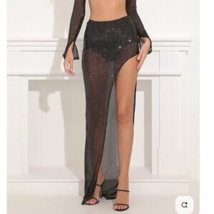 LUCY IN THE SKY | Doja Sheer Black Sequin Maxi Skirt with Leg Slit | Extra Small